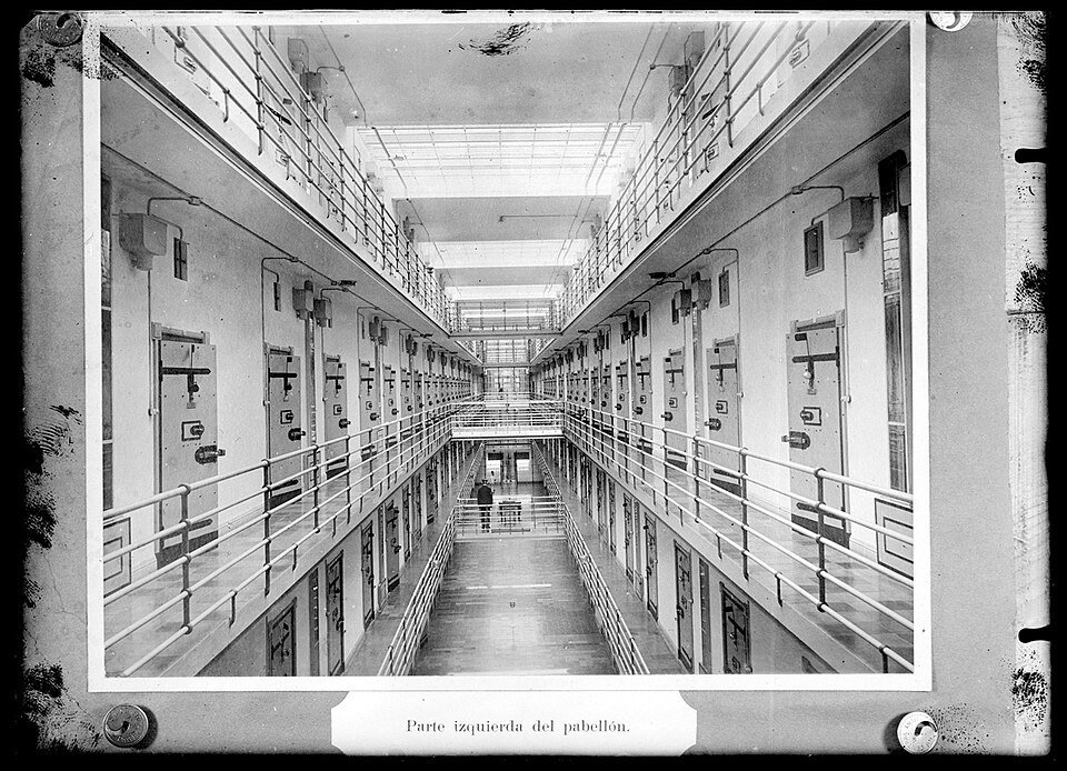 Historical view down the multi-level prison cell block