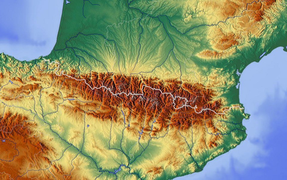 Topographic relief map of the Pyrenees