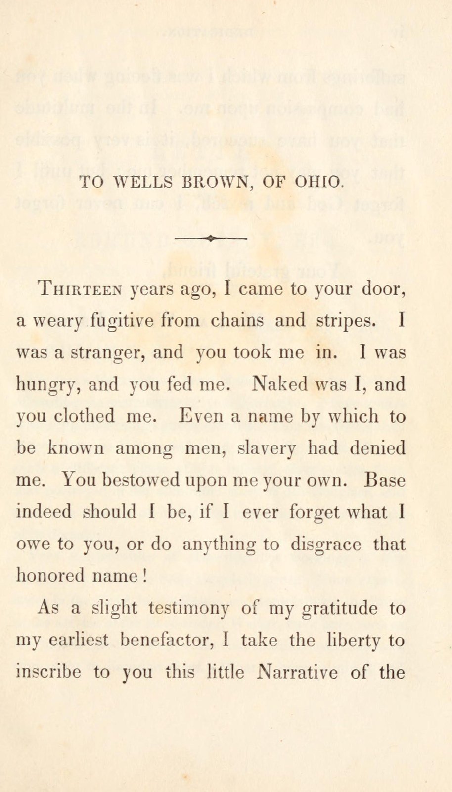 Dedication of Brown’s 1847 narrative to Wells Brown of Ohio