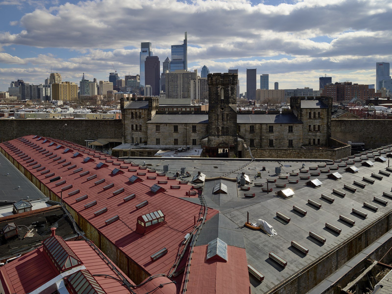 View from a guard tower over cellblock rooftops at Eastern State Penitentiary.