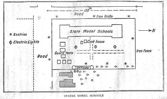Churchill's published plan showing the State Model Schools, sentries, electric lights, offices, and surrounding boundary