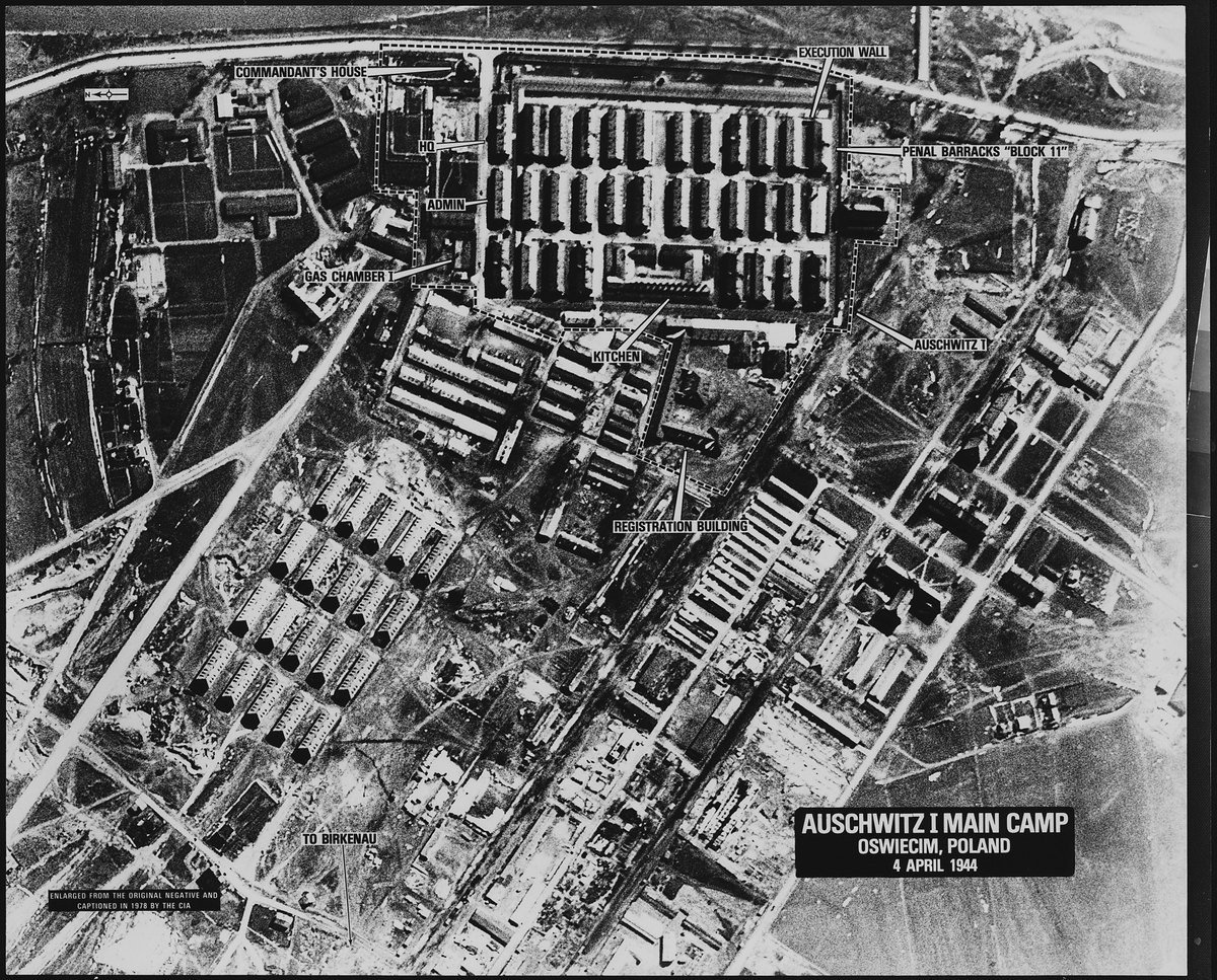 Allied aerial reconnaissance photograph showing Auschwitz I and the surrounding terrain, used by the Auschwitz Museum to explain the bakery route